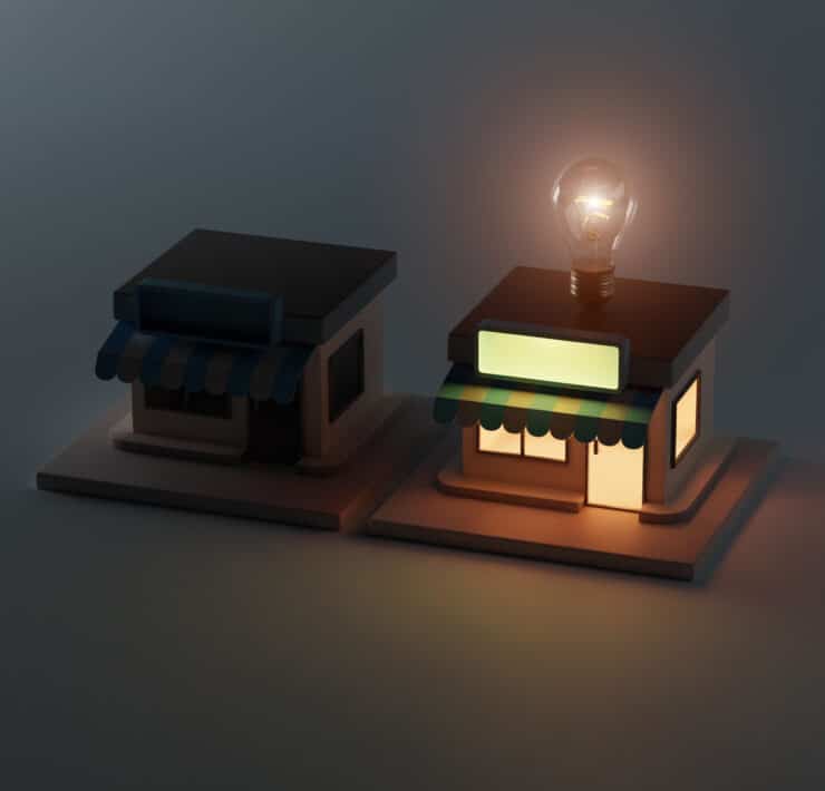 Rural King 3D front store with blank store signage at night time. 3d render