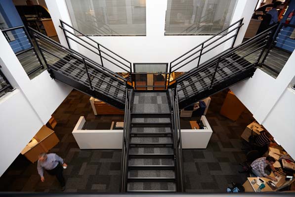This spacious atrium connects the creative department to account services. Space wise, it’s large and inefficient, but the designers prioritized the atrium’s sight lines and openness, two crucial elements of the office’s layout. 